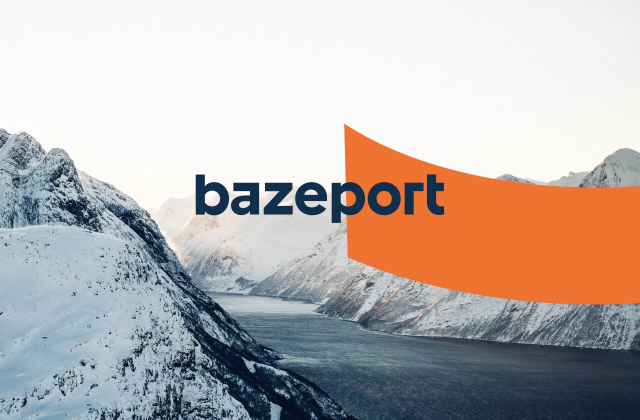 Bazeport logo med logoelement over bilde av norsk vinterlandskap.