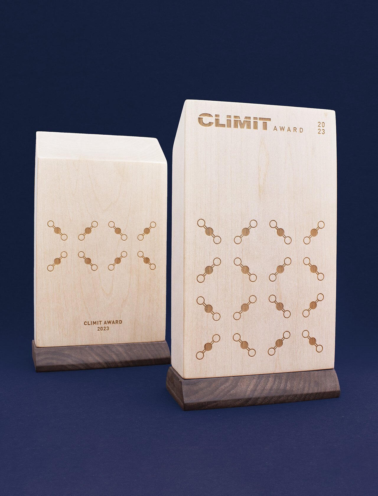 Climit Award prisen i tre, visning av frem- og bakside.