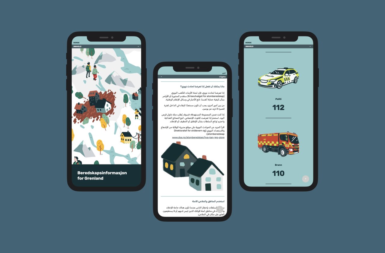 Tre eksempler på mobilsider. Første eksempelet viser forsiden på mobil, andre eksempelet viser en artikkel på arabisk med illustrasjon. Tredje viser politi og brann nødnummer med illustrasjoner.