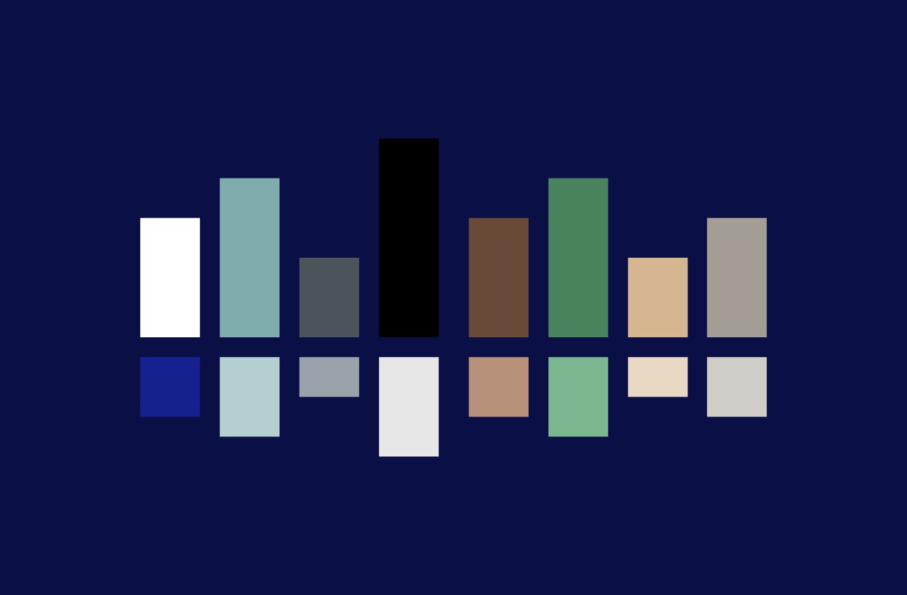 Fargepaletten vises via former som minner om logosymbolet. Logosymbolet består av rektangulære søyler som speiles vertikalt.