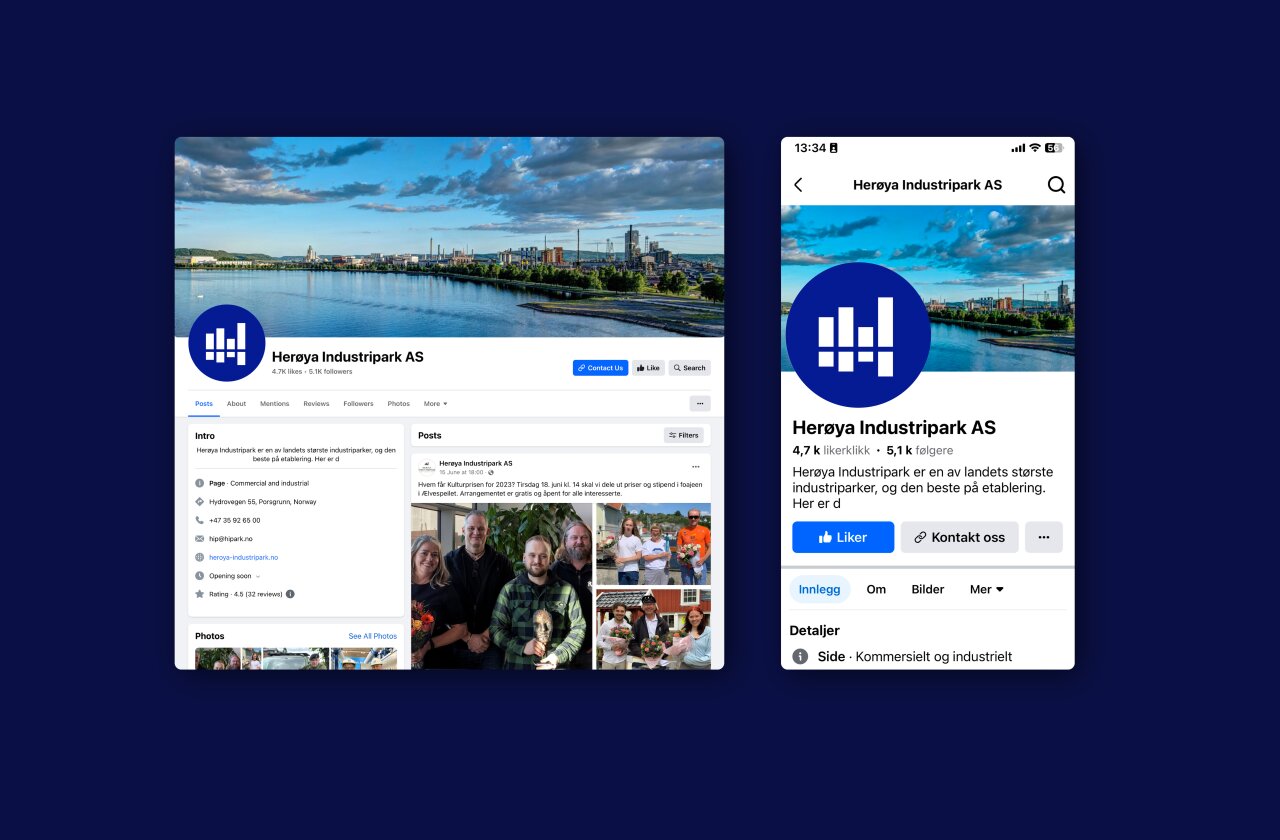 Herøya Industripark sin profil på Facebook, her vises både PC- og mobilformat.