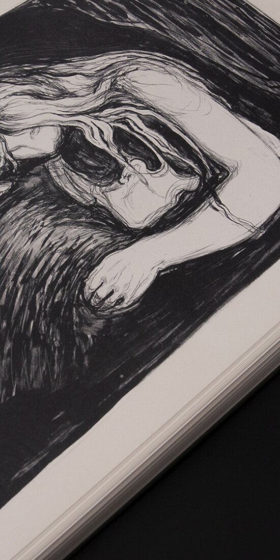 Detalj fra Edvard Munchs grafiske blad med tittel Vampyr.