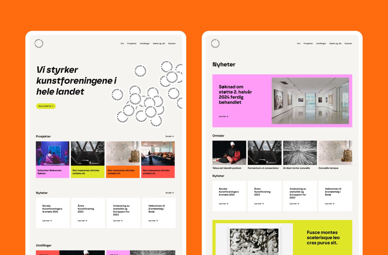 Landingssiden til Norske kunstforeninger, og nyhetssiden.