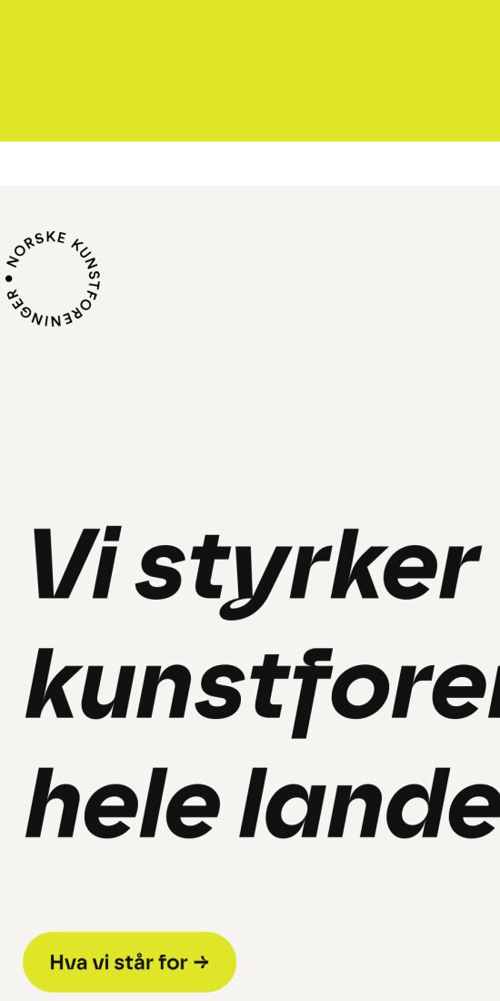 Nærbilde av nettsiden til Norske kunstforeninger, hvor man ser logo, tittel og en gul knapp,.