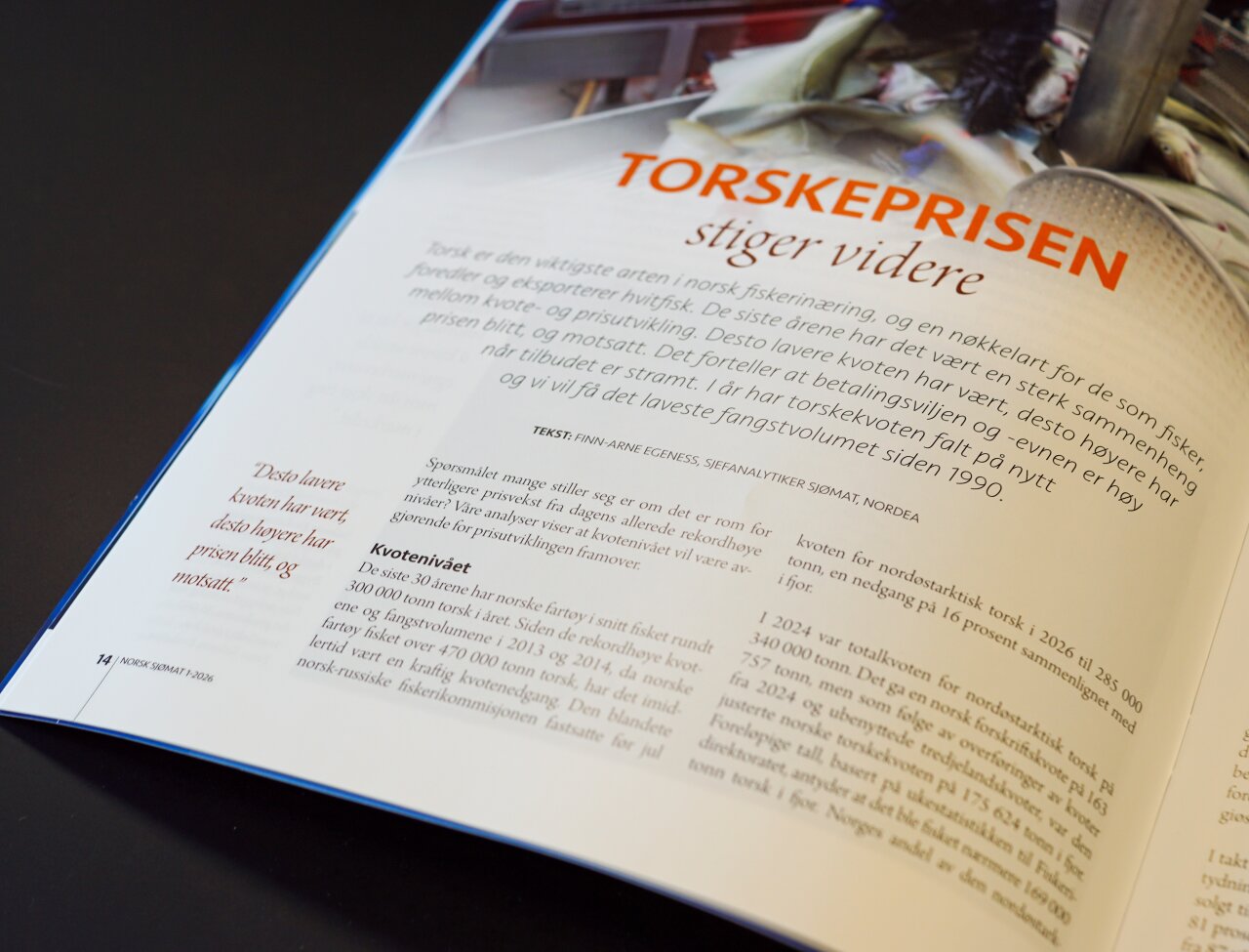 Oppslag fra Norsk Sjømat som viser artikkel med sitat og overskrift.