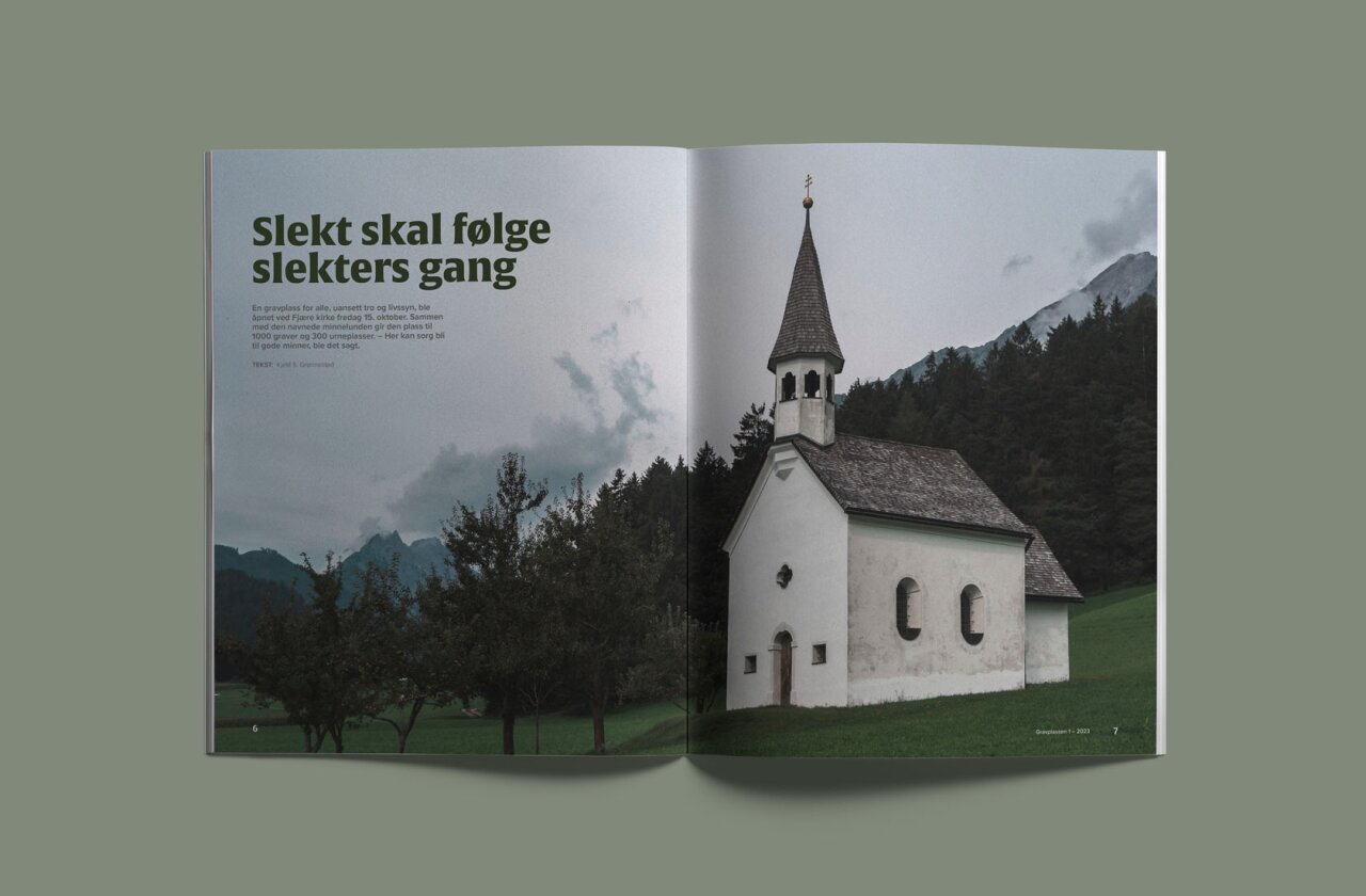Magasinoppslag. Artikkelen har bilde av en hvit kirke i fint landskap med overskriften «Slekt skal følge slekters gang».
